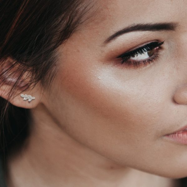 Cubic Zirconia Silver Leaf Stud Earrings - Image 2