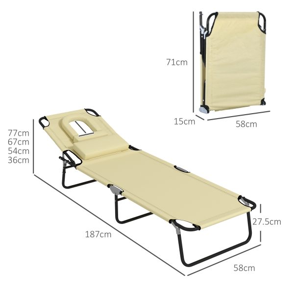 Outsunny Folding Sun Lounger Set of 2 Reclining Chair with Reading Hole Beige - Image 7