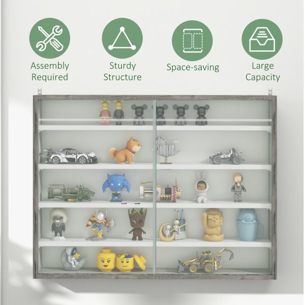 HOMCOM 5-Tier Wall Display Shelf Unit Cabinet w/ Shelves Glass Doors Grey Wood - Image 6
