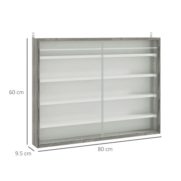 HOMCOM 5-Tier Wall Display Shelf Unit Cabinet w/ Shelves Glass Doors Grey Wood - Image 3