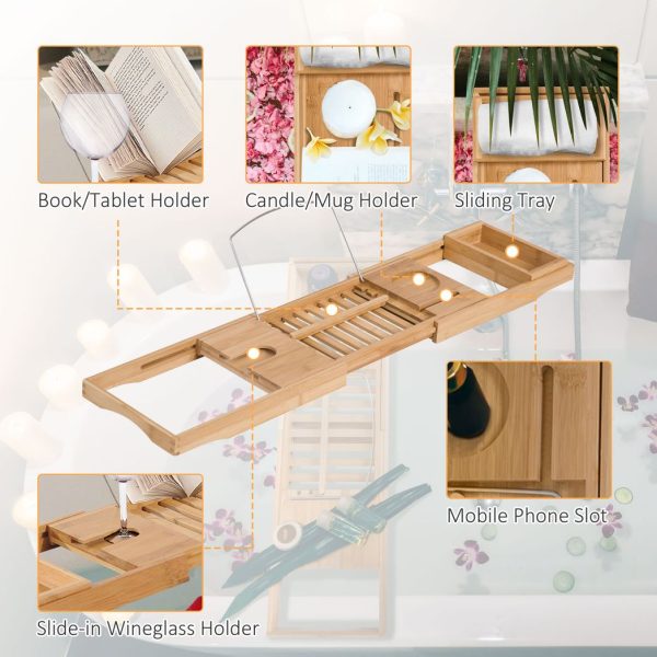 HOMCOM Extendable Bath Tub Bathroom Tray Bathtub Caddy Shelf Wine Holder Book - Image 4