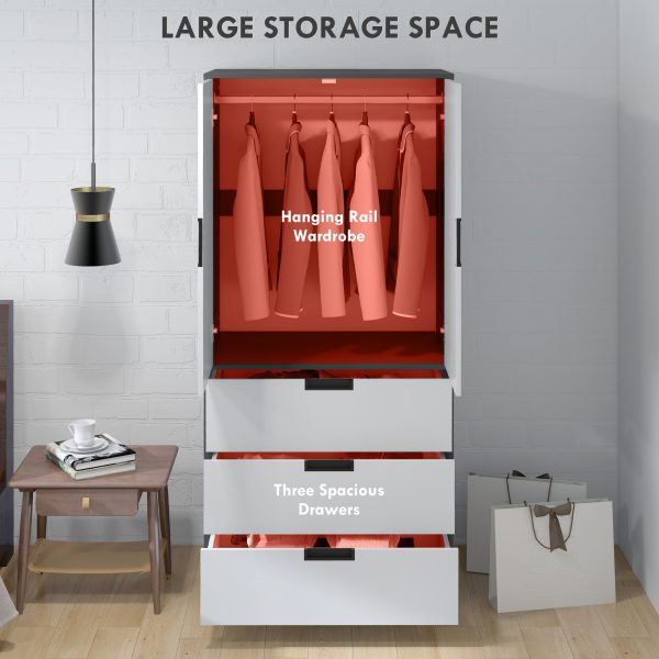 HOMCOM 2 Door Wardrobe Grey Wardrobe with 3 Drawer and Hanging Rod for Bedroom - Image 4