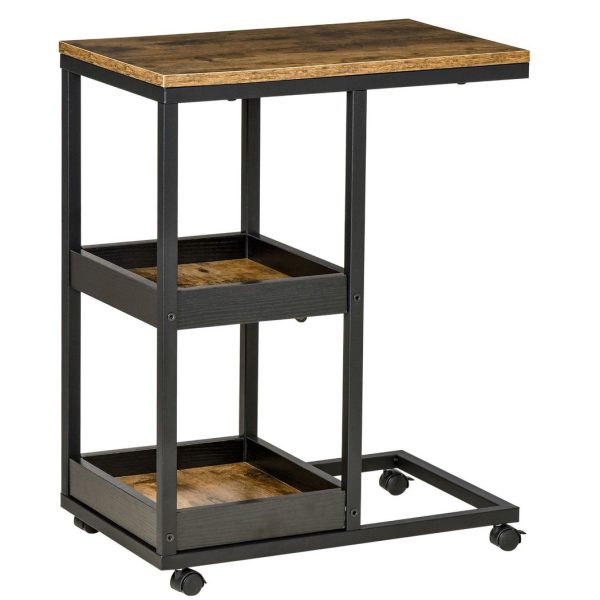 C-Shaped Mobile Couch Bed Side Table w/ 3-tier Storage Shelf - Brown HOMCOM