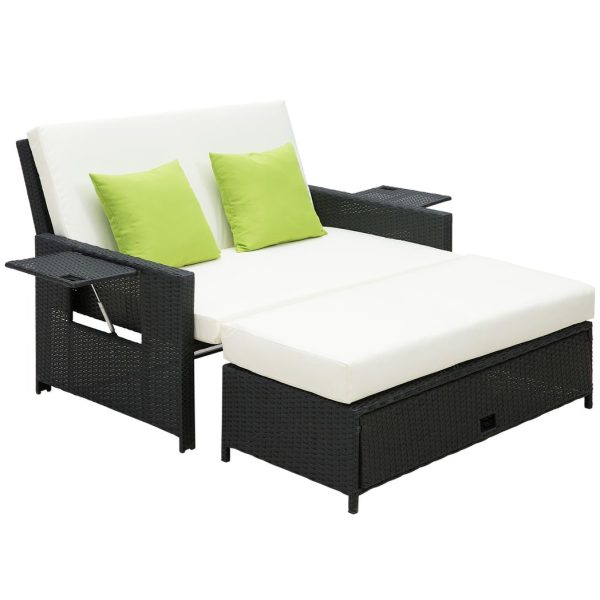 Rattan 2-Seater Sofa Sun Lounger Bed-Black