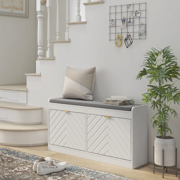 HOMCOM Shoe Bench with 2 Flip Drawers, Cushion, 8 Pairs for Entryway White - Image 2