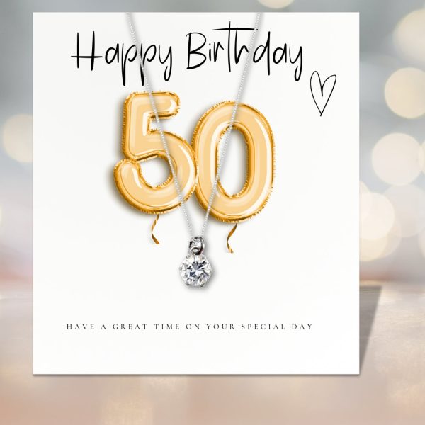 Small 50th Birthday Gold Balloons Gift Hamper - Cubic Zirconia Charm Necklace, Chocolates & Candle - Image 2