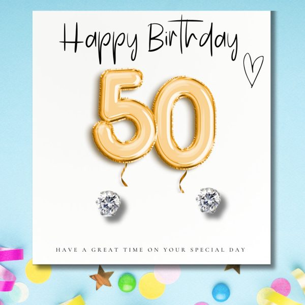 Small 50th Birthday Gold Balloons Gift Hamper - Cubic Zirconia Earrings, Chocolates & Candle - Image 2