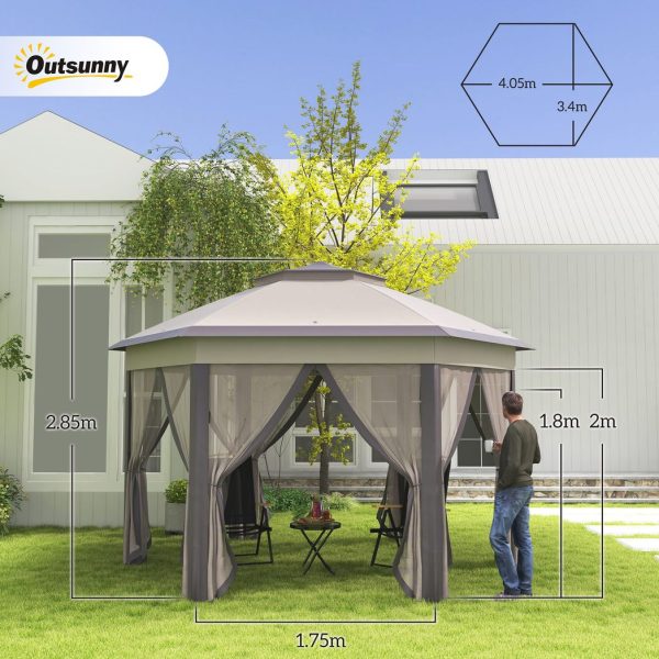 4.05m x 4.05m Metal Frame Mesh Draped 2-Tier Roof Gazebo Brown - Image 5