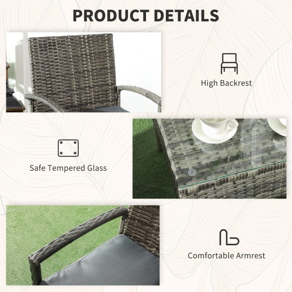 Outsunny 3PC Garden Rattan Bistro Set Balcony Dining Table Chair Mixed Grey - Image 7
