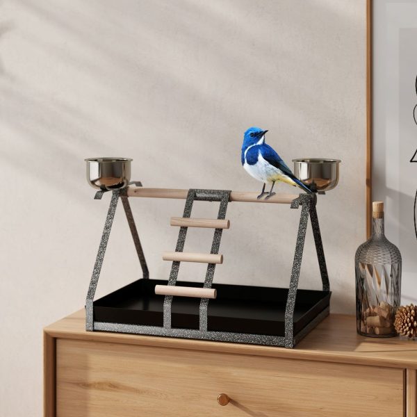 Portable Bird Stand Resting Stainless Steel Base Perch Ladder Bowls - Image 2