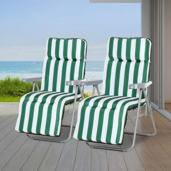 Set of 2 Folding Sun Lounger Recliner Chairs Daybed Cushion Green White - Image 2