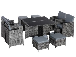 9PC Rattan Garden Furniture Set 8 Wicker Dining Chairs Footrest Table - Grey