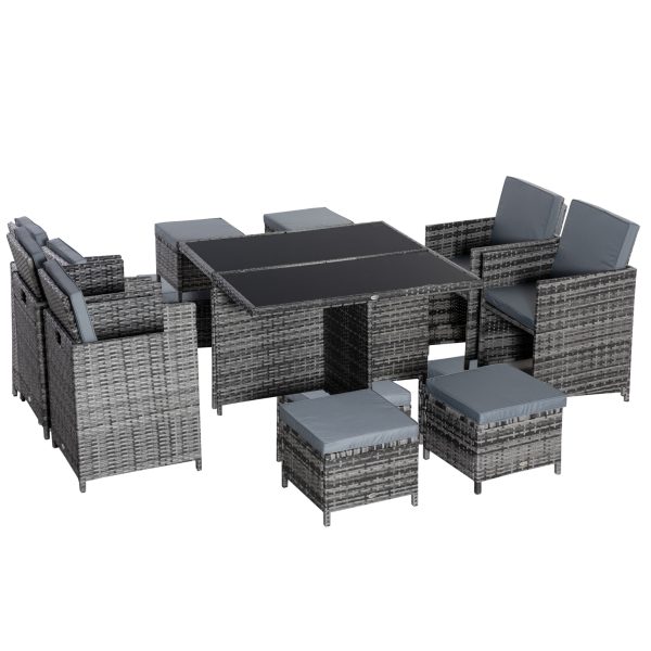 9PC Rattan Garden Furniture Set 8 Wicker Dining Chairs Footrest Table - Grey