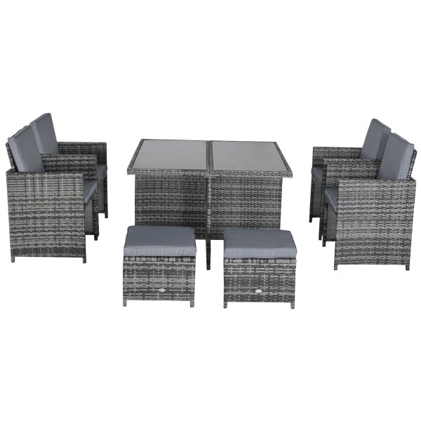 9PC Rattan Garden Furniture Set 8 Wicker Dining Chairs Footrest Table - Grey - Image 8