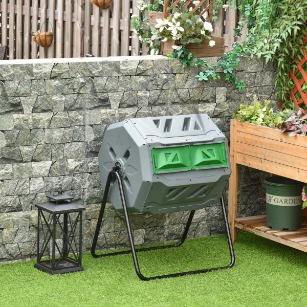 160L Outdoor Tumbling Compost Bin w/ Dual Chamber, Sliding Doors, Grey - Image 2