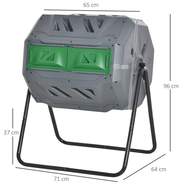160L Outdoor Tumbling Compost Bin w/ Dual Chamber, Sliding Doors, Grey - Image 5