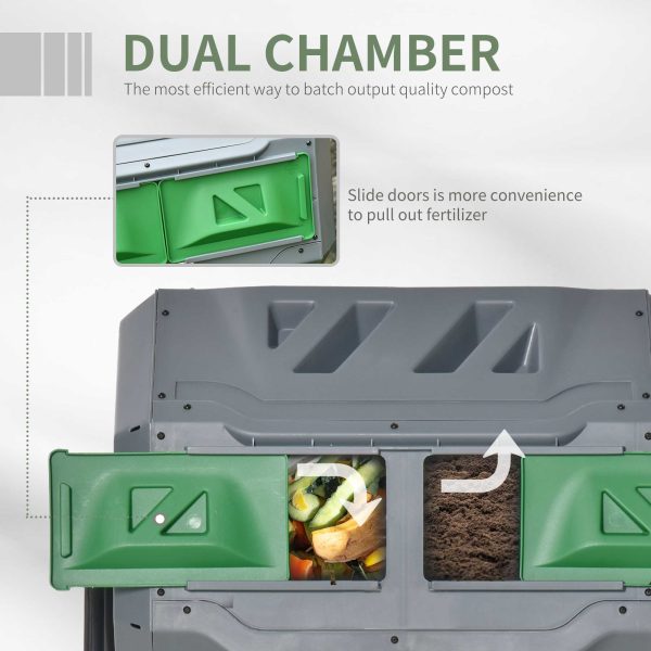 160L Outdoor Tumbling Compost Bin w/ Dual Chamber, Sliding Doors, Grey - Image 6