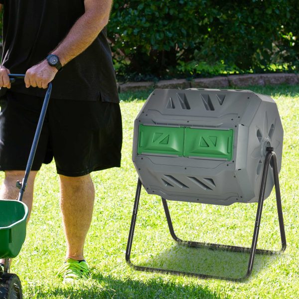 160L Outdoor Tumbling Compost Bin w/ Dual Chamber, Sliding Doors, Grey - Image 8