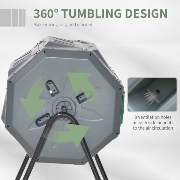 160L Outdoor Tumbling Compost Bin w/ Dual Chamber, Sliding Doors, Grey - Image 3