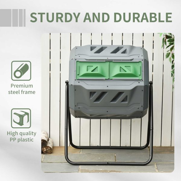 160L Outdoor Tumbling Compost Bin w/ Dual Chamber, Sliding Doors, Grey - Image 7