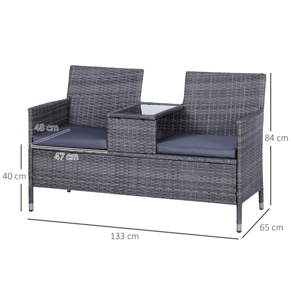 2-Seater PE Rattan Outdoor Garden Bench w/ Centre Table Grey - Image 5