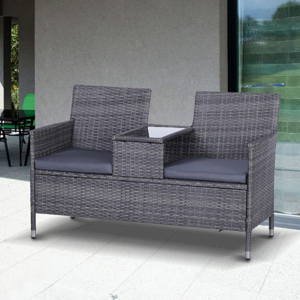 2-Seater PE Rattan Outdoor Garden Bench w/ Centre Table Grey - Image 7