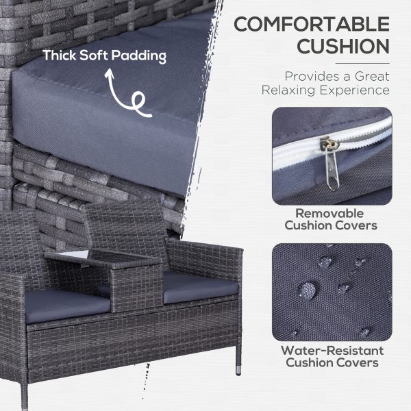 2-Seater PE Rattan Outdoor Garden Bench w/ Centre Table Grey - Image 4