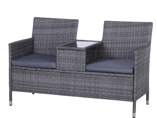 2-Seater PE Rattan Outdoor Garden Bench w/ Centre Table Grey