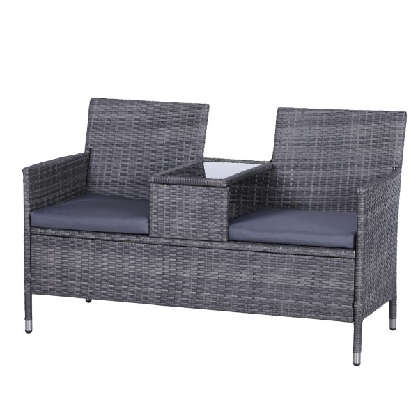 2-Seater PE Rattan Outdoor Garden Bench w/ Centre Table Grey