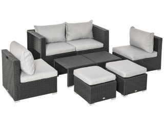 8pc Rattan 6 Seater Sofa & Coffee Table Set Patio Wicker Weave Chair - Black