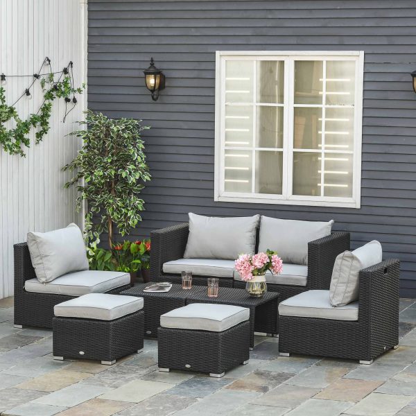 8pc Rattan 6 Seater Sofa & Coffee Table Set Patio Wicker Weave Chair - Black - Image 2