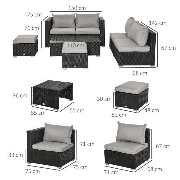 8pc Rattan 6 Seater Sofa & Coffee Table Set Patio Wicker Weave Chair - Black - Image 5