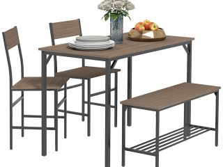 HOMCOM Dining Table and Chairs Set of 4 with 2 Chairs Bench for Kitchen Grey