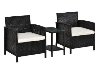 2-Seater PE Rattan Side Table & Armchair Bistro Set w/ Pillows Black