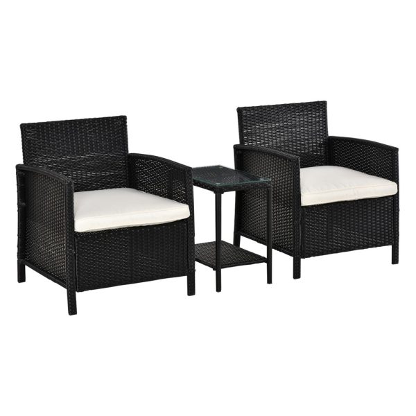 2-Seater PE Rattan Side Table & Armchair Bistro Set w/ Pillows Black