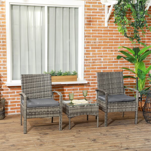 Outsunny 3PC Garden Rattan Bistro Set Balcony Dining Table Chair Mixed Grey - Image 2