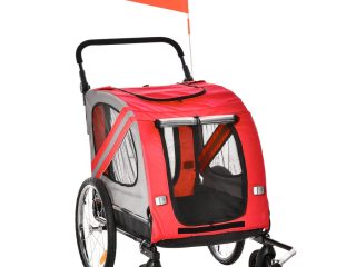 2-In-1 Dog Bike Trailer Stroller w/ Universal Wheel Reflector Flag Red Pawhut