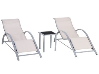 3 Pieces Lounge Chair Set Garden Sunbathing Chair w/ Table Cream Outsunny