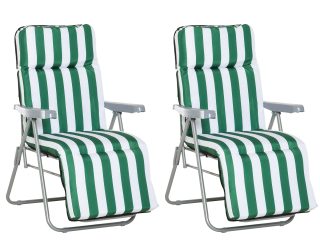 Set of 2 Folding Sun Lounger Recliner Chairs Daybed Cushion Green White