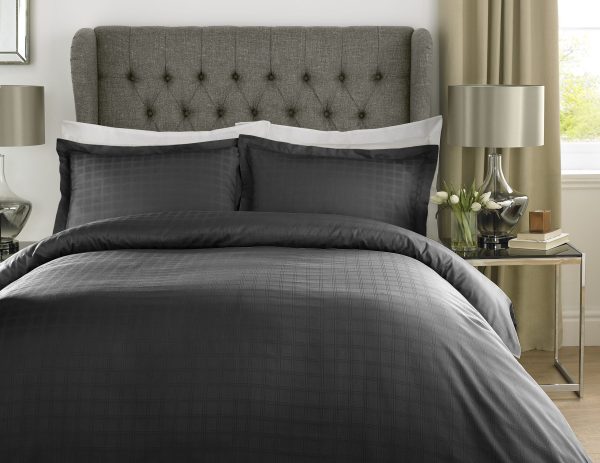 400TC - 100% Cotton Satin Stripe Check Duvet Set Black [Double]