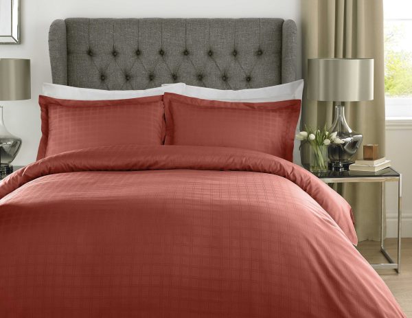 400TC - 100% Cotton Satin Stripe Check Duvet Set Rust Orange