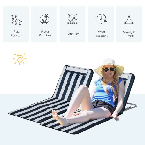 2 Foldable Garden Beach Chair Sun Lounger Seats Metal Frame Head Pillow, Blue - Image 3