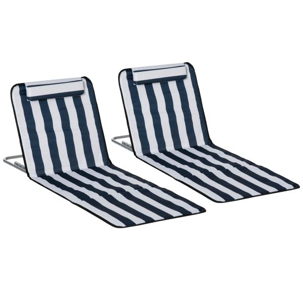 2 Foldable Garden Beach Chair Sun Lounger Seats Metal Frame Head Pillow, Blue