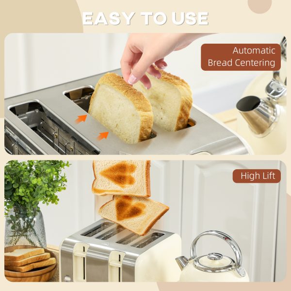 HOMCOM 1.7L 3000W Fast Boil Electric Kettle and 4 Slice Toaster Set, Cream - Image 8