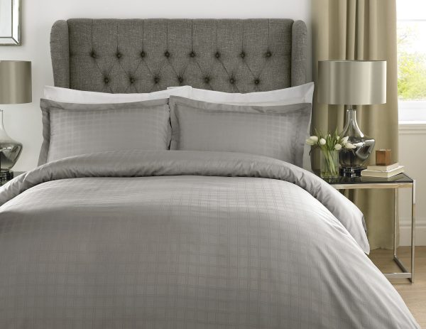 400TC - 100% Cotton Satin Stripe Check Duvet Set Silver Grey [King]