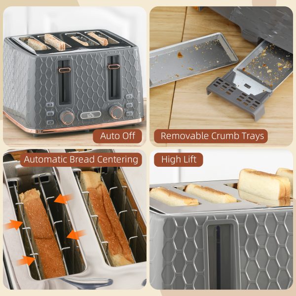 HOMCOM Toaster with 4 Slot, 7 Browning Levels, 1600W, Grey Honeycomb - Image 7