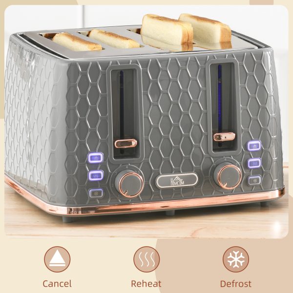 HOMCOM Toaster with 4 Slot, 7 Browning Levels, 1600W, Grey Honeycomb - Image 3