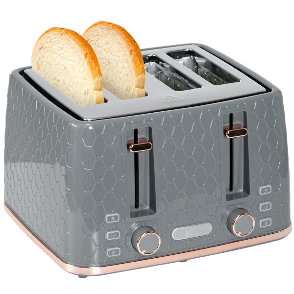 HOMCOM Toaster with 4 Slot, 7 Browning Levels, 1600W, Grey Honeycomb