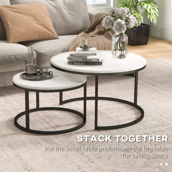 HOMCOM 2 Pcs Stacking Coffee Table Set Steel Frame Marble-Effect Top Foot Pads - Image 4