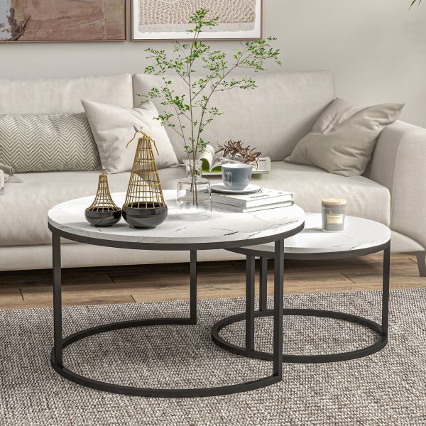 HOMCOM 2 Pcs Stacking Coffee Table Set Steel Frame Marble-Effect Top Foot Pads - Image 2